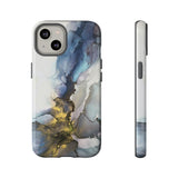 Abstract Ink Marble Tough Phone Case — Blue, Gray & Gold Protective Cover