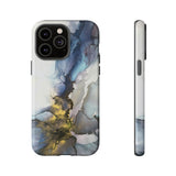 Abstract Ink Marble Tough Phone Case — Blue, Gray & Gold Protective Cover