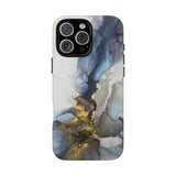 Abstract Ink Marble Tough Phone Case — Blue, Gray & Gold Protective Cover