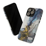 Abstract Ink Marble Tough Phone Case — Blue, Gray & Gold Protective Cover
