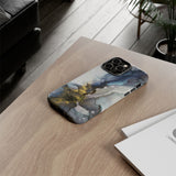 Abstract Ink Marble Tough Phone Case — Blue, Gray & Gold Protective Cover