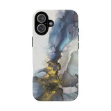 Abstract Ink Marble Tough Phone Case — Blue, Gray & Gold Protective Cover