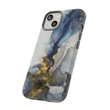 Abstract Ink Marble Tough Phone Case — Blue, Gray & Gold Protective Cover