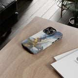 Abstract Ink Marble Tough Phone Case — Blue, Gray & Gold Protective Cover