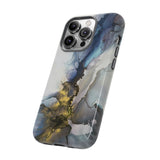 Abstract Ink Marble Tough Phone Case — Blue, Gray & Gold Protective Cover
