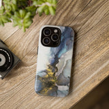 Abstract Ink Marble Tough Phone Case — Blue, Gray & Gold Protective Cover