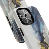 Abstract Ink Marble Tough Phone Case — Blue, Gray & Gold Protective Cover
