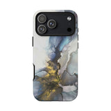 Abstract Ink Marble Tough Phone Case — Blue, Gray & Gold Protective Cover