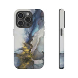 Abstract Ink Marble Tough Phone Case — Blue, Gray & Gold Protective Cover