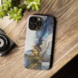 Abstract Ink Marble Tough Phone Case — Blue, Gray & Gold Protective Cover