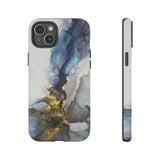 Abstract Ink Marble Tough Phone Case — Blue, Gray & Gold Protective Cover