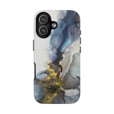 Abstract Ink Marble Tough Phone Case — Blue, Gray & Gold Protective Cover