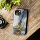 Abstract Ink Marble Tough Phone Case — Blue, Gray & Gold Protective Cover