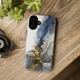 Abstract Ink Marble Tough Phone Case — Blue, Gray & Gold Protective Cover