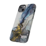 Abstract Ink Marble Tough Phone Case — Blue, Gray & Gold Protective Cover