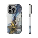 Abstract Ink Marble Tough Phone Case — Blue, Gray & Gold Protective Cover