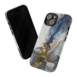 Abstract Ink Marble Tough Phone Case — Blue, Gray & Gold Protective Cover
