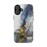 Abstract Ink Marble Tough Phone Case — Blue, Gray & Gold Protective Cover