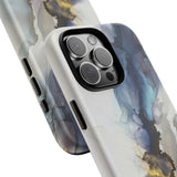 Abstract Ink Marble Tough Phone Case — Blue, Gray & Gold Protective Cover