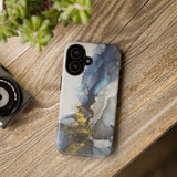 Abstract Ink Marble Tough Phone Case — Blue, Gray & Gold Protective Cover