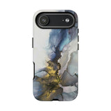 Abstract Ink Marble Tough Phone Case — Blue, Gray & Gold Protective Cover