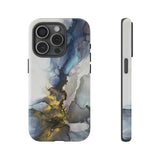 Abstract Ink Marble Tough Phone Case — Blue, Gray & Gold Protective Cover