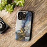 Abstract Ink Marble Tough Phone Case — Blue, Gray & Gold Protective Cover