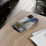 Abstract Ink Marble Tough Phone Case — Blue, Gray & Gold Protective Cover