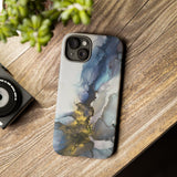 Abstract Ink Marble Tough Phone Case — Blue, Gray & Gold Protective Cover