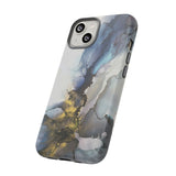 Abstract Ink Marble Tough Phone Case — Blue, Gray & Gold Protective Cover