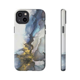 Abstract Ink Marble Tough Phone Case — Blue, Gray & Gold Protective Cover