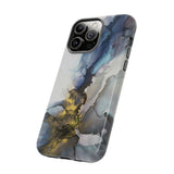 Abstract Ink Marble Tough Phone Case — Blue, Gray & Gold Protective Cover