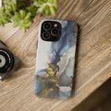 Abstract Ink Marble Tough Phone Case — Blue, Gray & Gold Protective Cover