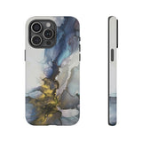 Abstract Ink Marble Tough Phone Case — Blue, Gray & Gold Protective Cover