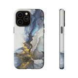 Abstract Ink Marble Tough Phone Case — Blue, Gray & Gold Protective Cover