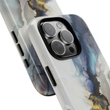 Abstract Ink Marble Tough Phone Case — Blue, Gray & Gold Protective Cover
