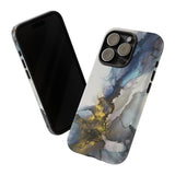 Abstract Ink Marble Tough Phone Case — Blue, Gray & Gold Protective Cover