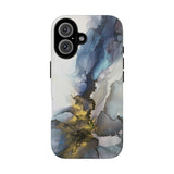 Abstract Ink Marble Tough Phone Case — Blue, Gray & Gold Protective Cover