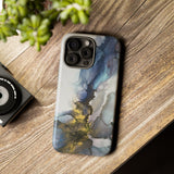 Abstract Ink Marble Tough Phone Case — Blue, Gray & Gold Protective Cover