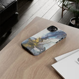 Abstract Ink Marble Tough Phone Case — Blue, Gray & Gold Protective Cover