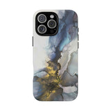 Abstract Ink Marble Tough Phone Case — Blue, Gray & Gold Protective Cover
