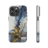 Abstract Ink Marble Tough Phone Case — Blue, Gray & Gold Protective Cover