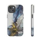 Abstract Ink Marble Tough Phone Case — Blue, Gray & Gold Protective Cover