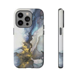 Abstract Ink Marble Tough Phone Case — Blue, Gray & Gold Protective Cover