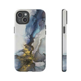 Abstract Ink Marble Tough Phone Case — Blue, Gray & Gold Protective Cover