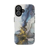 Abstract Ink Marble Tough Phone Case — Blue, Gray & Gold Protective Cover