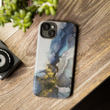 Abstract Ink Marble Tough Phone Case — Blue, Gray & Gold Protective Cover
