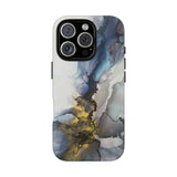 Abstract Ink Marble Tough Phone Case — Blue, Gray & Gold Protective Cover