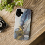 Abstract Ink Marble Tough Phone Case — Blue, Gray & Gold Protective Cover